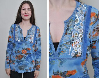 Vintage festival blouse, flowers print deep v neck pullover top - MEDIUM size y2k fashion summer mesh blouse, transparent blue shirt, Size M