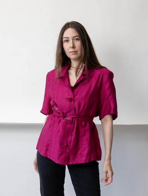 90s Magenta Belted Blouse Vintage Crinkle Texture Notched Collar Top Size M
