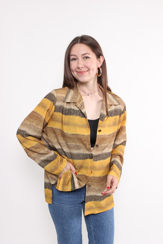 90s Golden Yellow Paisley Stripe Blouse Vintage Ochre Brown Ornamental Button Up Size L