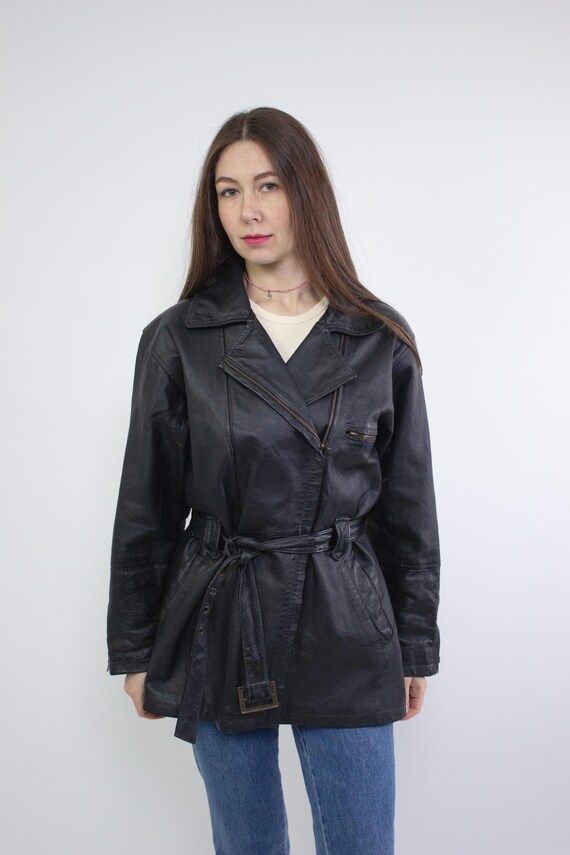 Vintage 90s Black Leather Jacket, Belted Oversized Leather Coat, Size M
