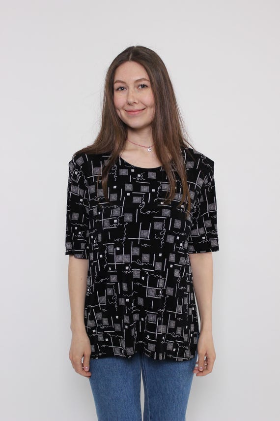 90s Black White Abstract Print Top Vintage Geometric Stretch Short Sleeve Size XL