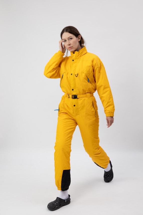 90s Bright Yellow Ski Suit Blue Lining Belted One Piece Snowsuit S