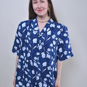 Vintage 80s Floral Blouse: Blue Flower Print, Shoulder Pads, Size L
