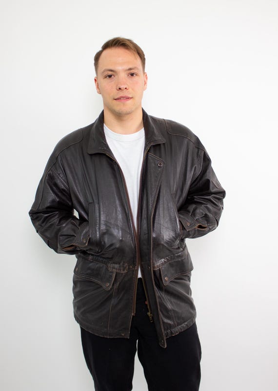 Vintage 90s Brown Leather Jacket, Retro Longline Coat with Lining, Size M