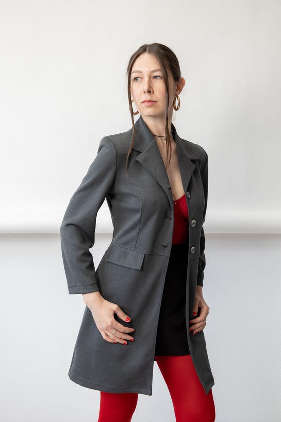 90s Grey Longline Blazer Coat Vintage Duster Notch Lapel Minimalist Jacket Size S
