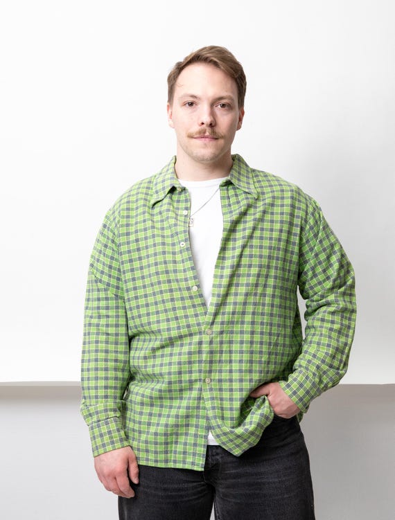 90s Lime Green Plaid Flannel Shirt Vintage Long Sleeve Cozy Grunge Cotton Size L