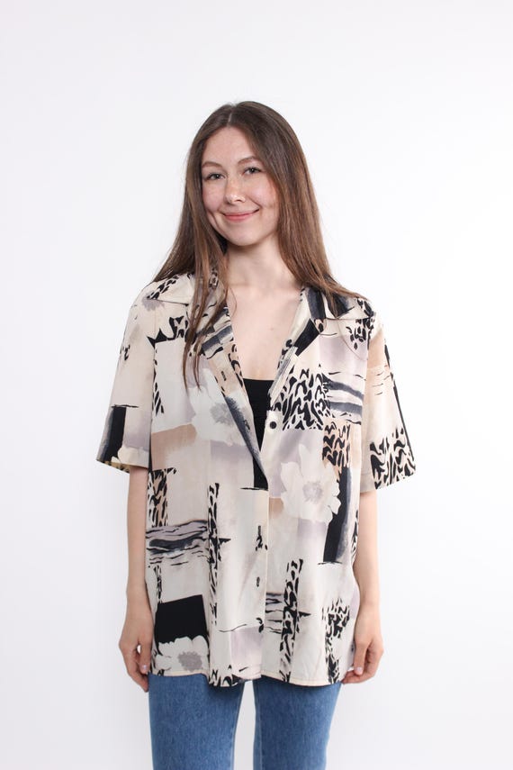 90s Abstract Floral Blouse Vintage Beige Black Short Sleeve Oversized Size L