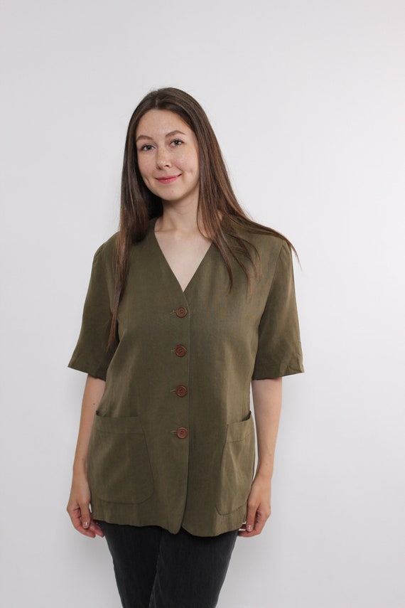 Vintage 80s Linen Blazer, Retro Minimalist Suit Green V-Neck Short Sleeve Jacket, Size M