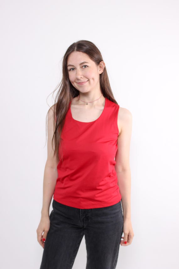 90s red minimalist tank top vintage cropped sleeveless stretchy top, Size L