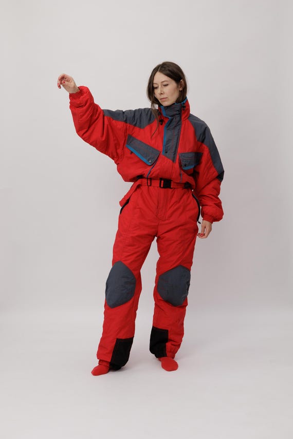 90s Red Grey Colorblock Vintage Mens Ski Suit Snowsuit Hidden Hood Tall Size XL