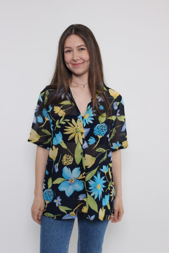 Vintage flowers sheer blouse, 90s multicolour bold floral pattern transparent shirt, Size M