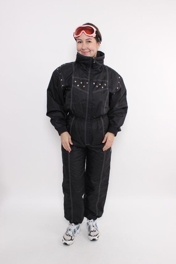 80s Black Studded Ski Suit White Contrast Stitch One Piece Snowsuit Womens S