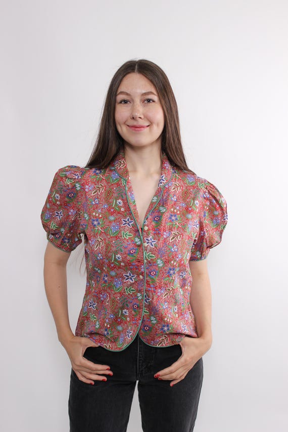 Vintage Floral Cotton Blouse Made in France, Puff Sleeve Cottagecore Top, Size M