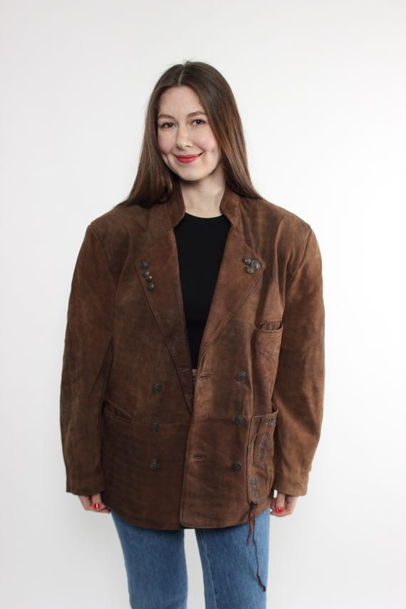 80s Brown Suede Leather Trachten Jacket Oversized Alpine Blazer Dirndl Style Size XL