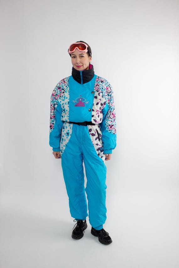 Vintage 90s One Piece Ski Suit, Retro Italian Turquoise Print Snowsuit, Size M