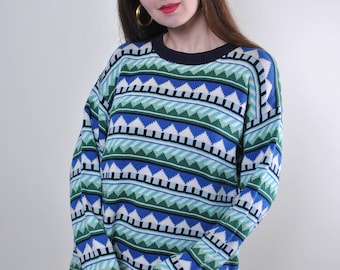 90s funky sweater, vintage acid house print jumper, multicolor cozy sweater, Size M