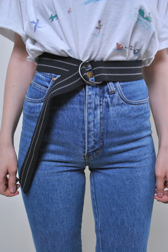 90s canvas belt in black color, Vintage oversized minimalist striped cotton belt