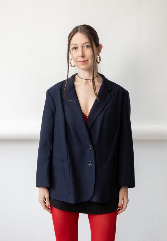 90s Navy Oversized Blazer Vintage Wool Patch Pocket Boyfriend Notch Lapel Size M
