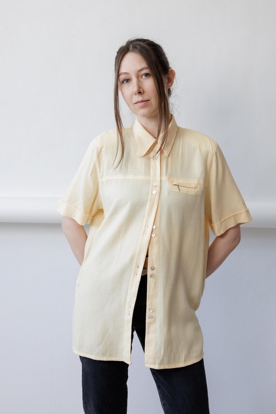 90s Butter Yellow Waffle Shirt Vintage Longline Oversized Short Sleeve Shirt Size L