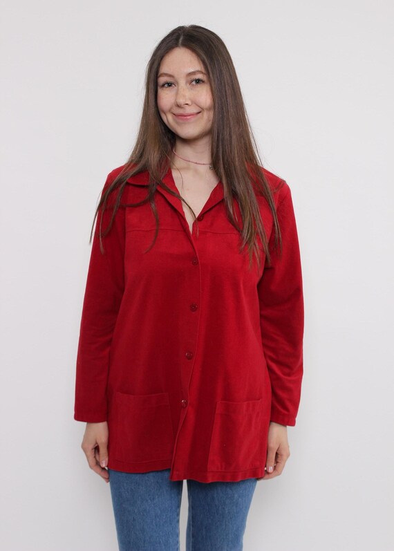 90s Red Longline Blouse Vintage Notch Collar Long Sleeve Tunic Shirt Size M