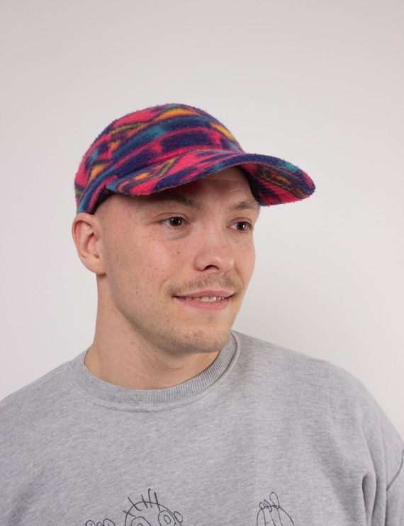Vintage 90s Fleece Cap, Colorful Geometric Print Hat, Retro Warm Winter Cap