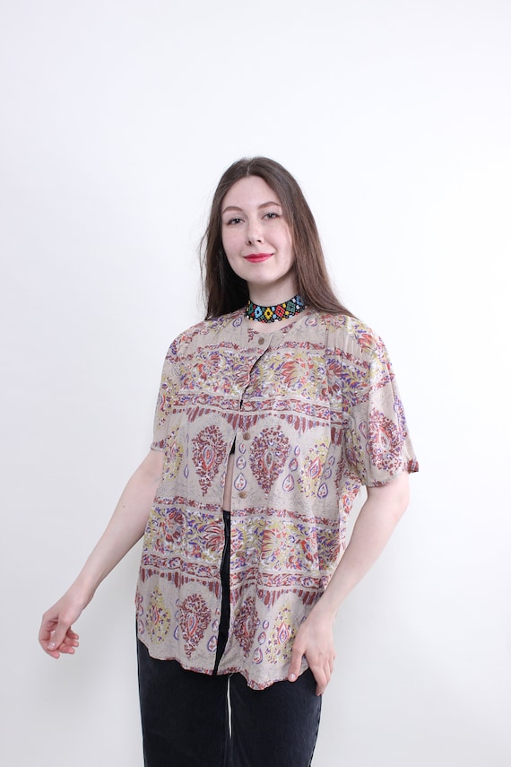 Vintage Abstract Artsy Blouse, 90s retro pastel festival button-up shirt, Size L