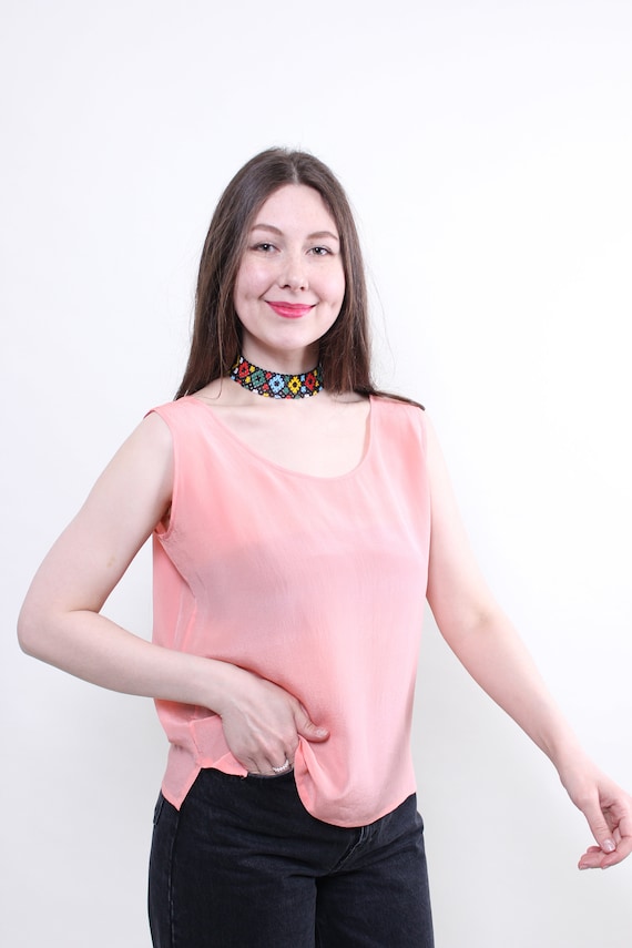 Coral Silk Tank Top 90s Minimalist Sleeveless Blouse Sheer Summer Top L