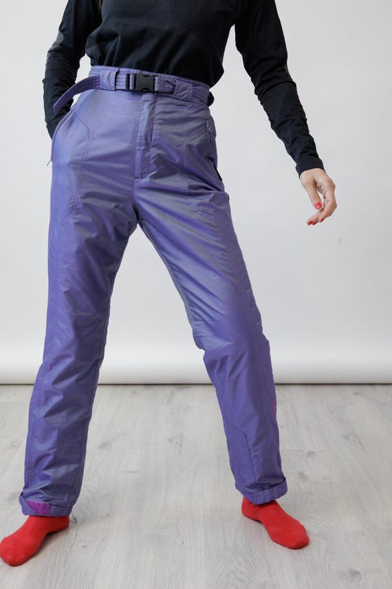 90s Iridescent Violet Shot Weave Vintage Ski Pants Belted High Waist Velcro Ankle Snow Trousers Size S