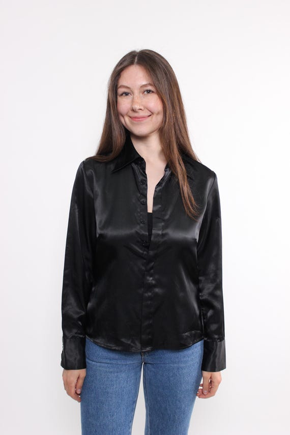 90s shiny crop blouse in black, vintage cropped party top, Size S