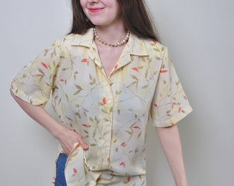 90er Jahre florale Boho Bluse, Vintage Bluse mit Knöpfen in transparenter Farbe, Gr. M