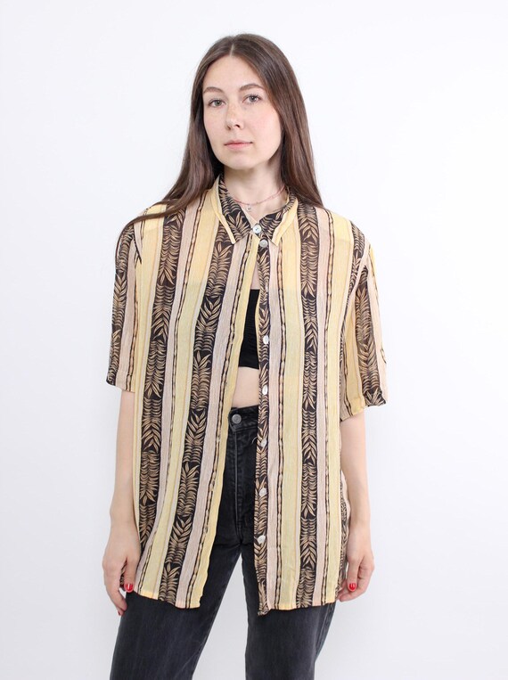 90s Palm Leaf Stripe Blouse Vintage Sheer Viscose Button Up Size XL