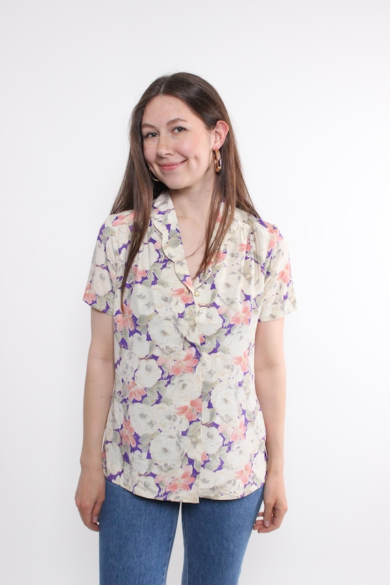 Purple Peony Floral Blouse Vintage 80s Ruffle Shawl Collar Short Sleeve Romantic Top M