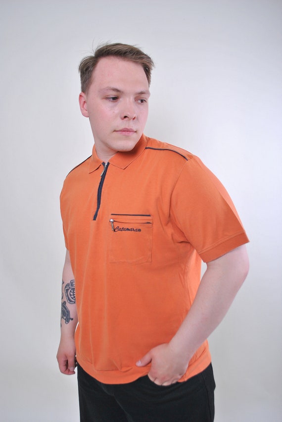 90s heavy cotton tshirt, Vintage utility orange zipped up polo shirt, Size L