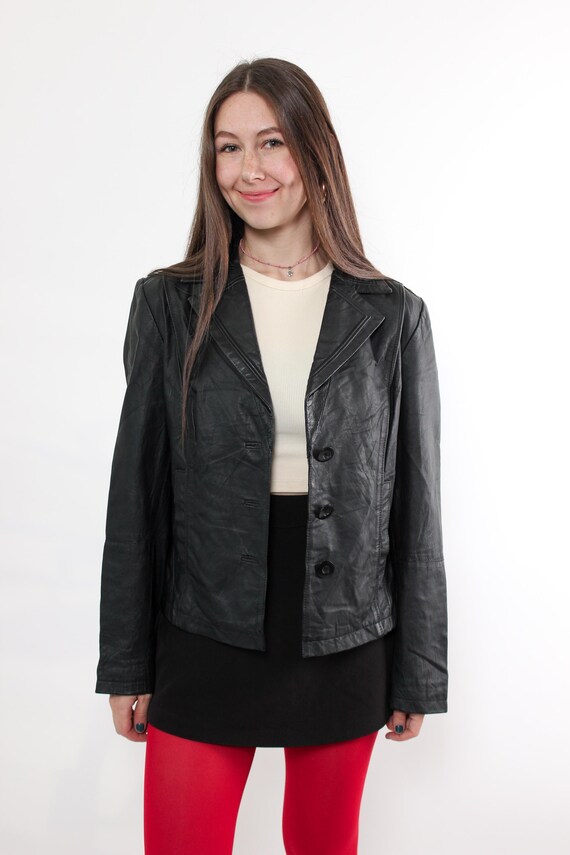 Vintage Black Leather Blazer Size L, 90s Topstitch Notch Lapel Button Jacket