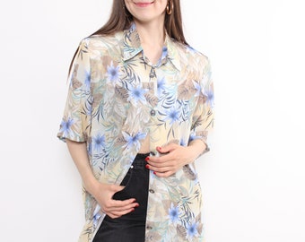 90s flowers print short sleeve blouse, vintage button detail shirt in blue, Size XL