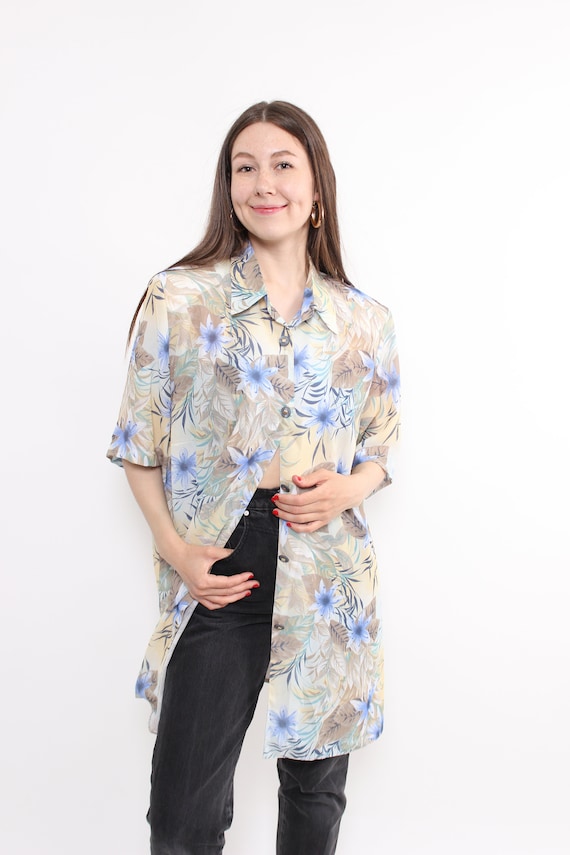90s flowers print short sleeve blouse, vintage button detail shirt in blue, Size XL