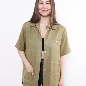 90s minimalist green blouse, vintage short sleeve relaxed button up, Size L