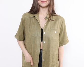 90s minimalist green blouse, vintage short sleeve relaxed button up, Size L