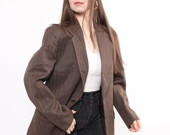 90s brown wool blazer, vintage woman oversized formal suit jacket, Size L