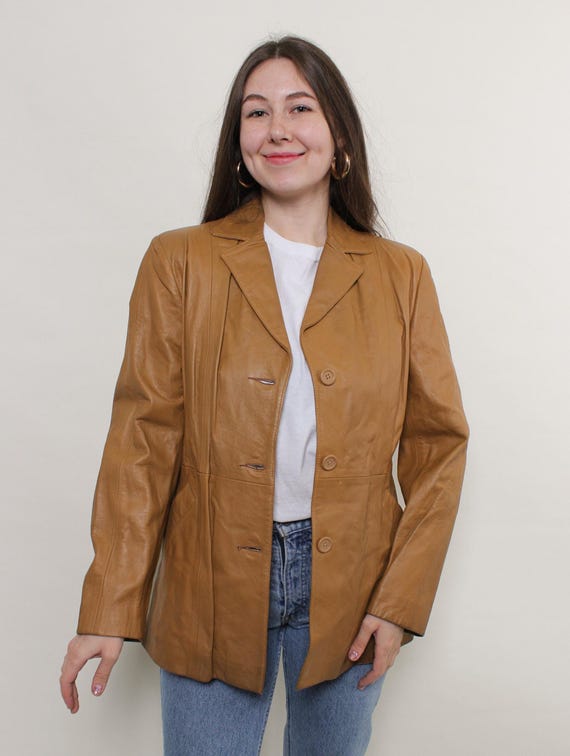 90s camel leather blazer with notched lapels, tailored cognac tan jacket, size Medium