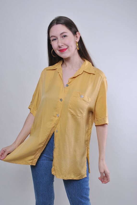 Vintage Mustard Cupro Blouse Camp Collar Short Sleeve Oversized L