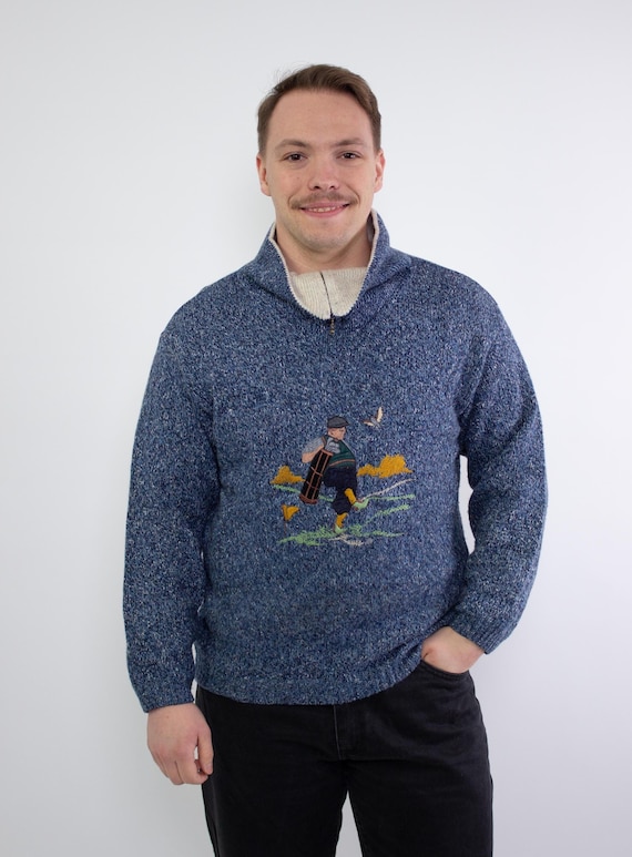 Vintage 80s Golf Embroidered Quarter Zip Sweater, Blue Marled Knit Pullover