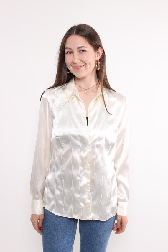 80s striped formal blouse, vintage embroidered evening blouse in beige, Size M