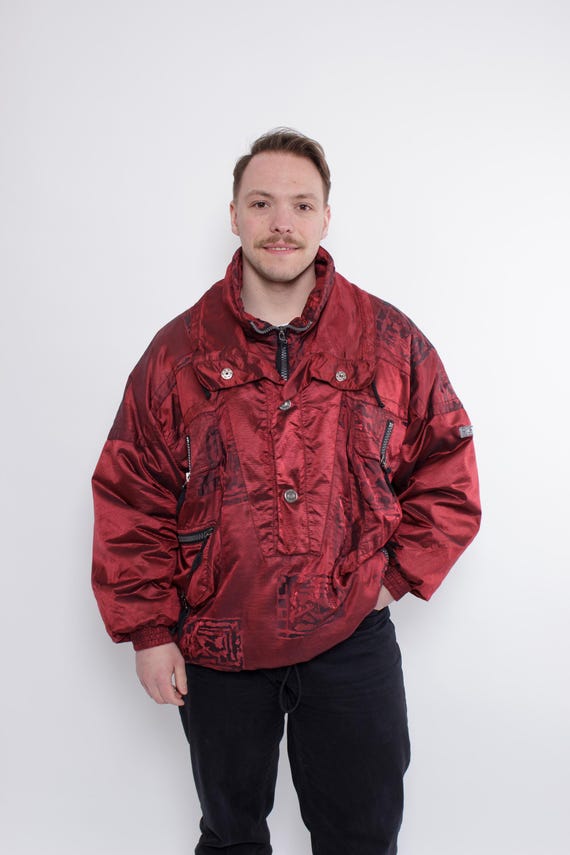 Vintage 90s Ski Jacket, Red Italian Winter Snow Anorak Jacket, Size L