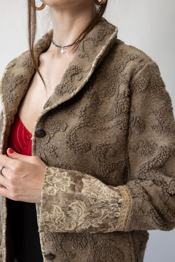 90s Brown Textured Floral Knit Jacket Vintage Whimsigoth Shawl Collar Cropped Cardigan Size S
