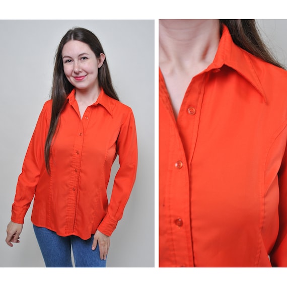 Casual Button Down Shirt, Women Orange Blouse LARGE Size Relaxed Fit Women  90s Fashion Minimalist Long Sleeve Top, Size L 
