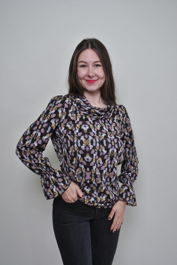 Y2k Black Mirror Print Cowl Neck Blouse 2000s Drapey Pullover Abstract Top Medium