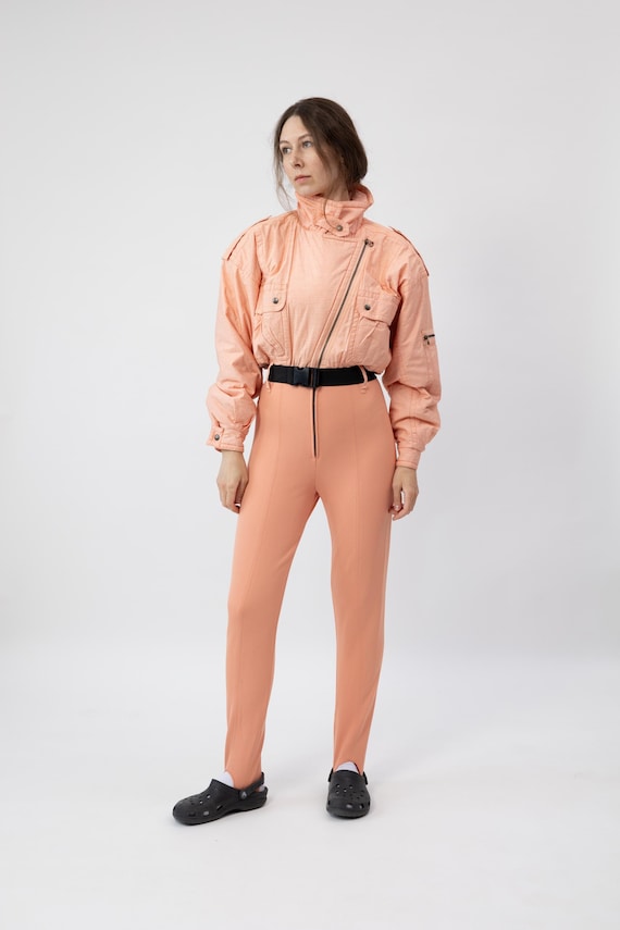 80s V de V Peach Stirrup Ski Suit Wool Catsuit Made in France S