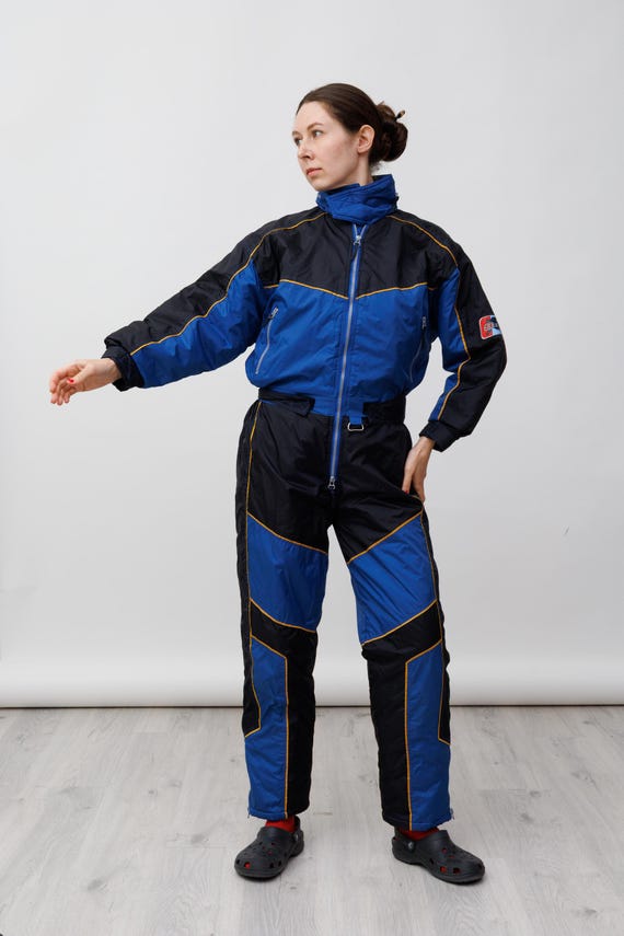 Black Royal Blue Yellow Piping Colorblock Vintage Ski Suit Jumpsuit Size M