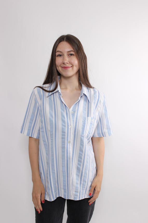 Vintage Blue Striped Blouse Size L, 90s Button Up Shirt, Minimalist Striped Top